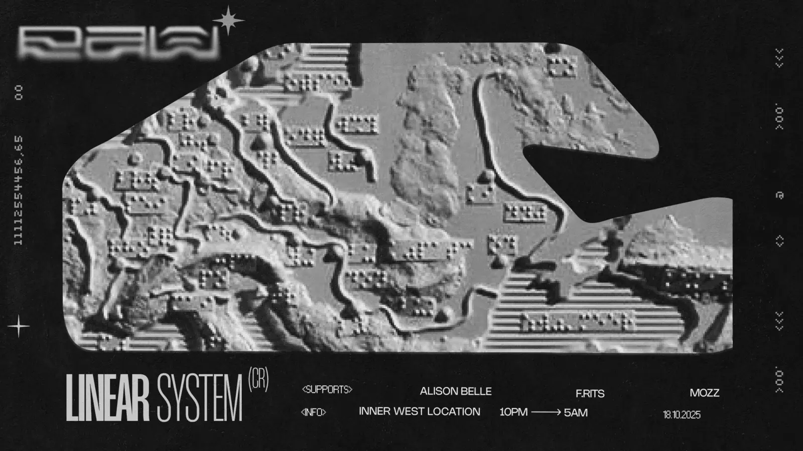 LINEAR SYSTEM poster — topographic chrome relief with RAW wordmark