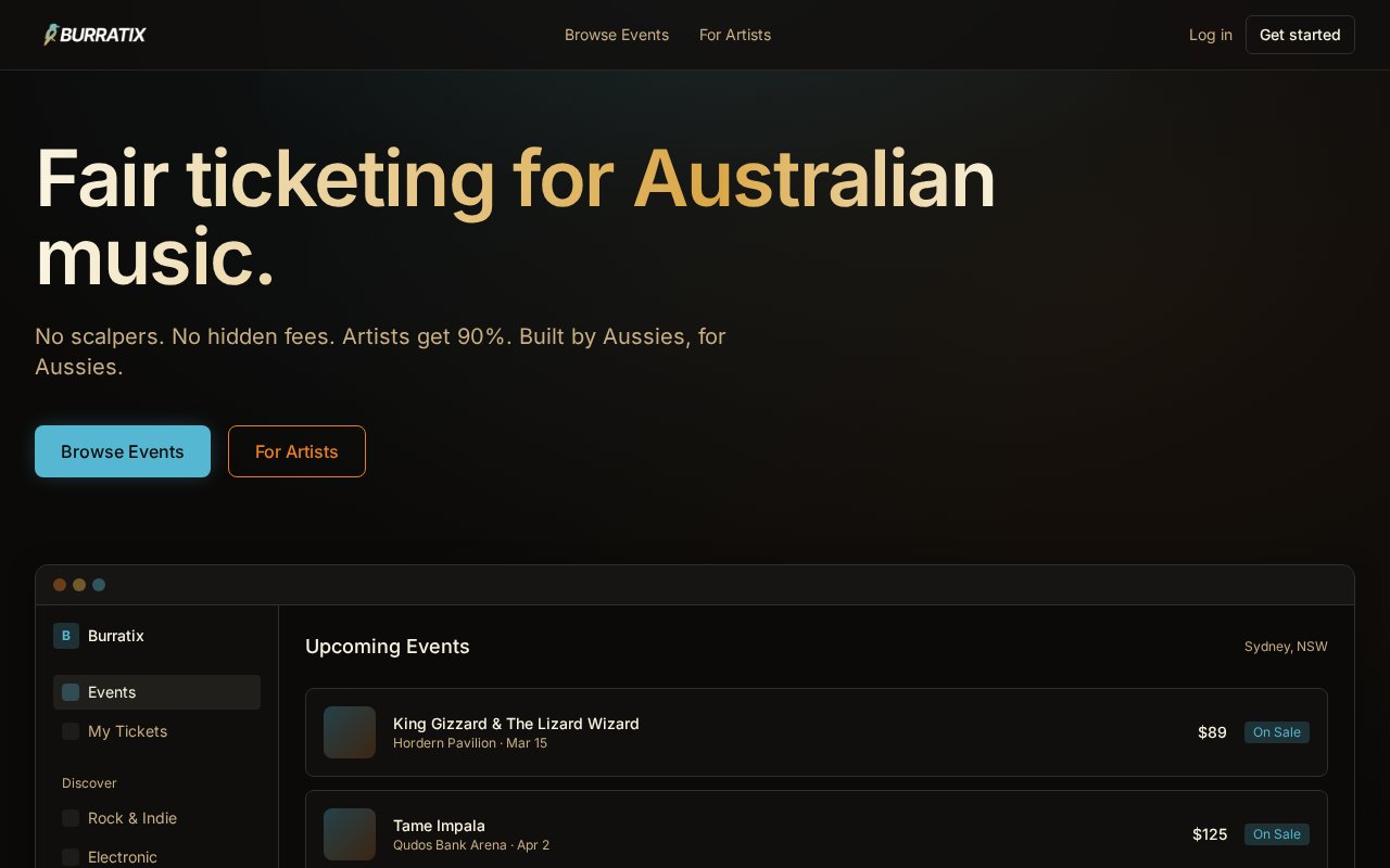 Burratix — Ethical Australian music ticketing — no scalpers, no hidden fees, artists get 90%